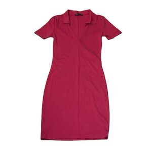 Zara Bodycon Ribbed Polo Dress, Hot Pink, Small